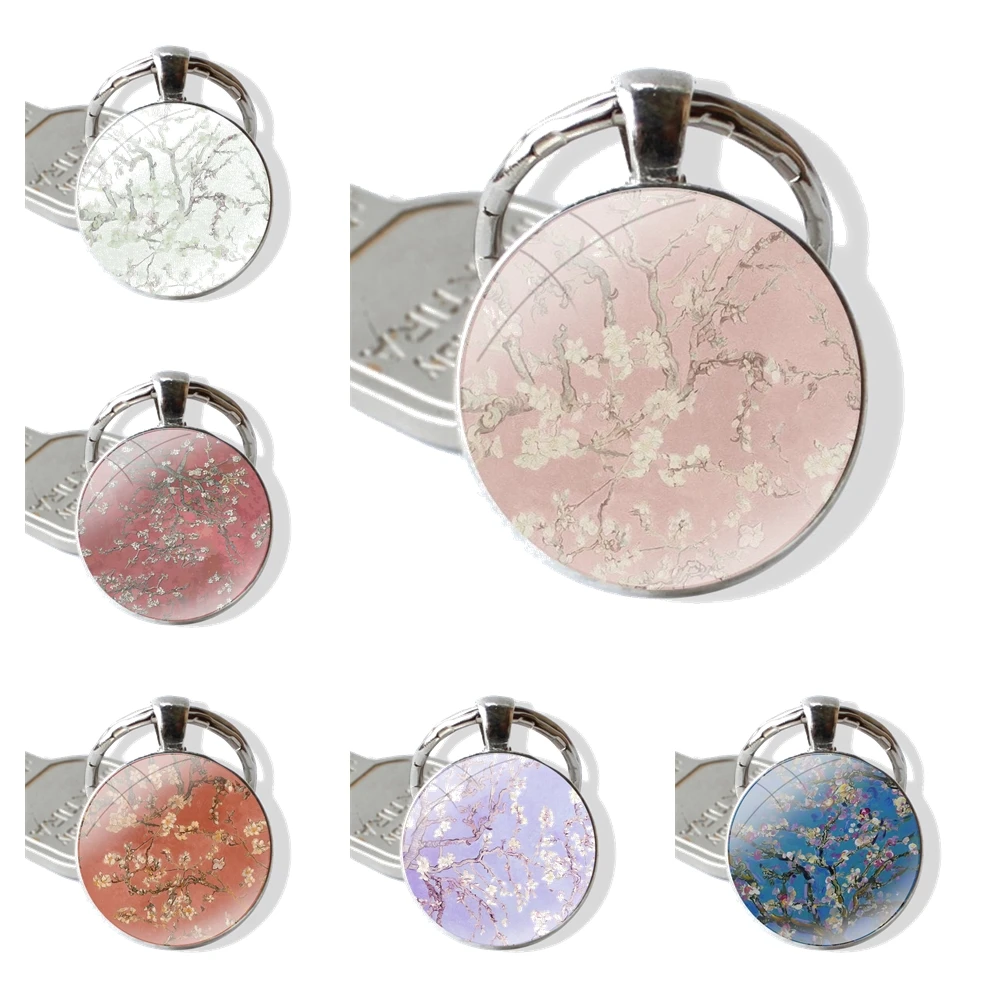 Keychain Handmade Glass Cabochon Key Ring Holder Pendant Key Chains Vincent Van Gogh Almond Blossoms