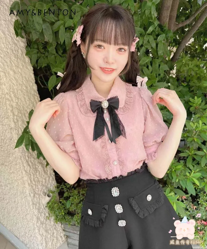 

Rojita Japanese Shirt Women Lace Stitching Bow Brooch Mine Series Mass-Produced All-Matching Blouse 2023 New Summer Blusas Mujer