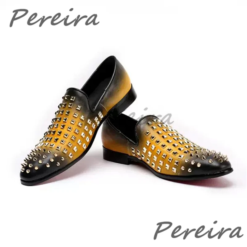 

Rivet Mixed Colors Pointed Toe Casual Flat Shoes British Style Genuine Leather Slip-On Loafers Summer New Comfortable Men Shoes