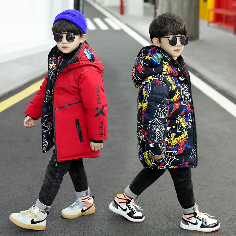 2024 Inverno Ragazzi Piumini Cappotti Vestiti Adolescente Spiderman Moda Addensare Caldo Cappotto di Neve Bambini Con Cappuccio Lungo Parka Giacca