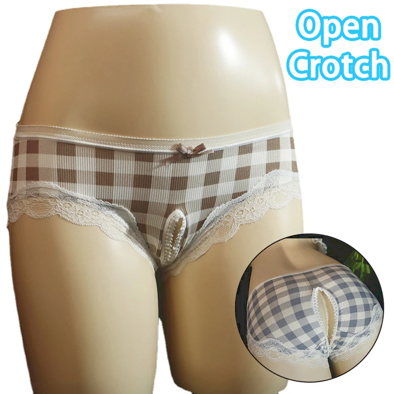 Sexy Unisex Open Crotch Briefs Man Woman Erotic Plaid Lace Underwear Breathable Cute Bow Decor Gay Sissy Use Crotchless Clothing