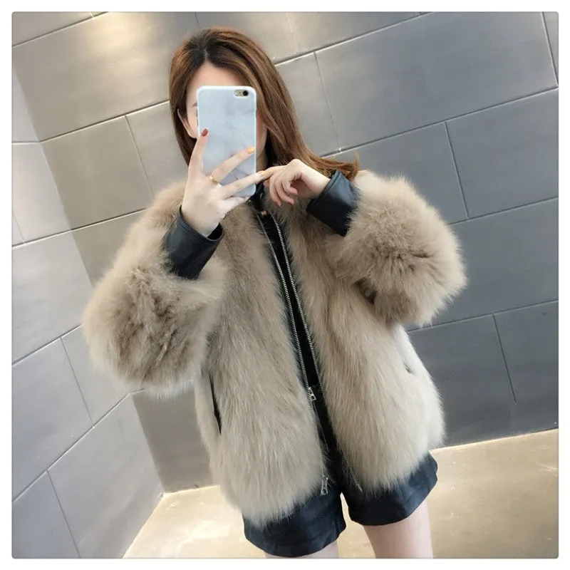 2023 New Faux Fox Skin Coat Women\'s Short PU Leather Standing Collar Long Sleeve Loose Winter Jacket Women\'s Fashion Coat