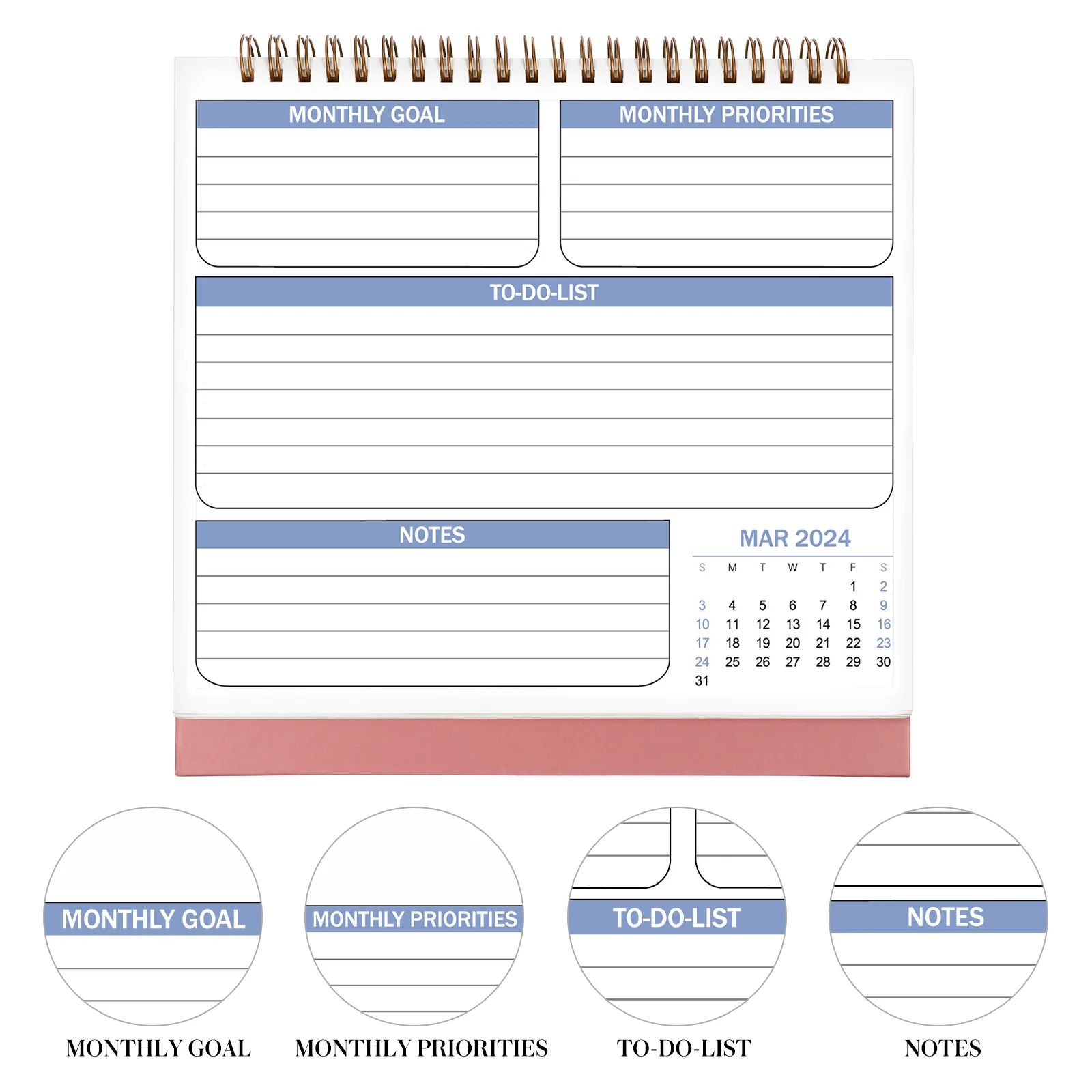 Calendario de mesa con bloques de notas, planificador mensual, calendario de escritorio de papel grueso, rosa, enero de 2024, Jun