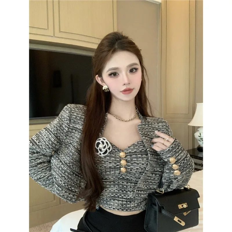 Shpmishal Temperament Small Fragrant Style Cardigan Short Jacket Women Autumn and Winter Hanging Neck Camisole Two-piece Set