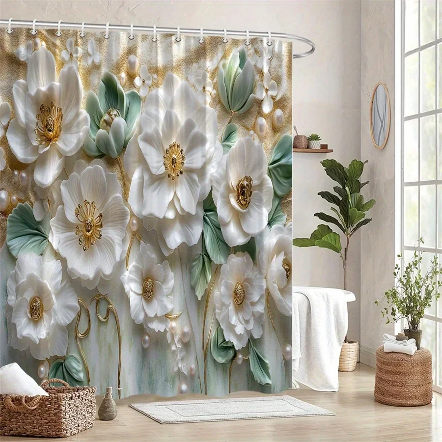 Luxurious White & Pale Green Floral Shower Curtain, Pearls on Golden Gradient Background,  Romantic Bathroom Decor Gift