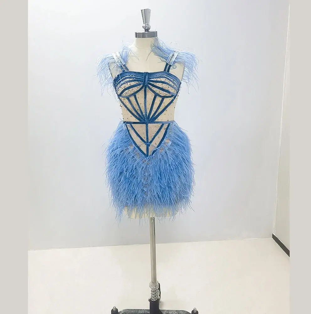 Mini Blue Feathers Beading Short Evening Dress New Fashion Female Ankle Length Party Prom Gowns