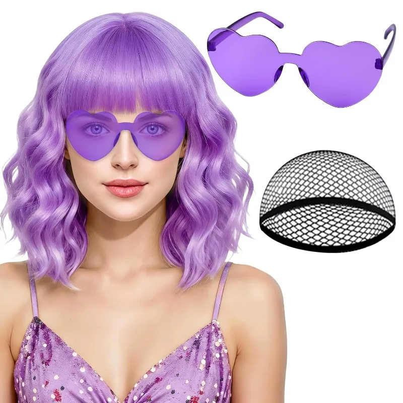 Light Purple Wavy Bob Wigs with Heart Sunglasses,Colored Shoulder Length Synthetic Wig for Women Bachelorette Party Music Festiv