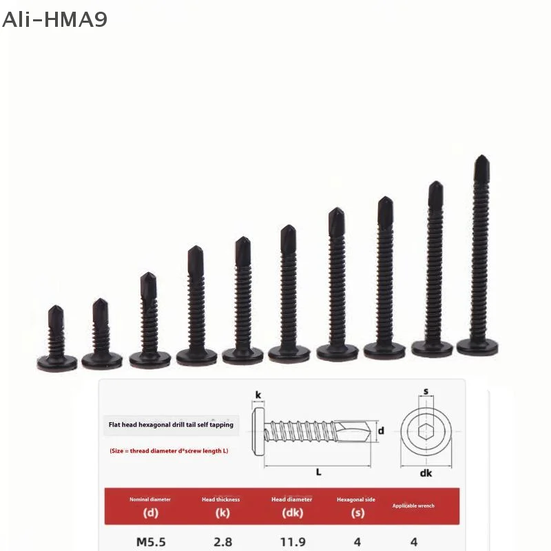 

10Pcs Flat Head Hex Socket Cap Self Drilling Screw Black Zinc M5.5 Self Tapping Sheet Metal Screws