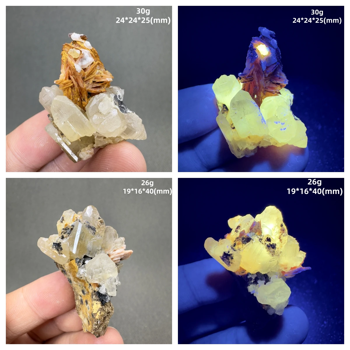 Natural Morocco Yellow fluorescence cerusite / cerussite / lead spar and Barite symbiosis mineral specimens - view 4