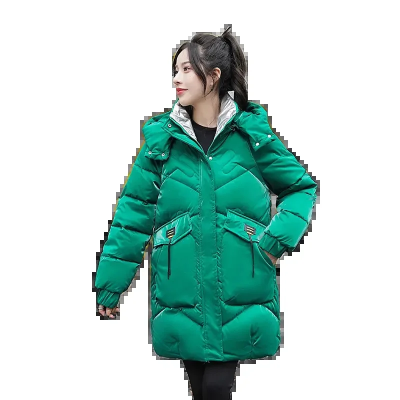 Chaqueta larga con capucha para mujer, Parka de algodón brillante, cálida e informal, a prueba de viento, para invierno, novedad de 2023