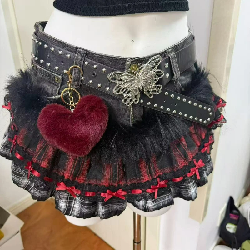 Japan Harajuku Fashion Lolita Denim Skirt Women Vintage Sweet Red Plaid Plush Patchwork Bow Mini Skirts Female Cute Short Skirts