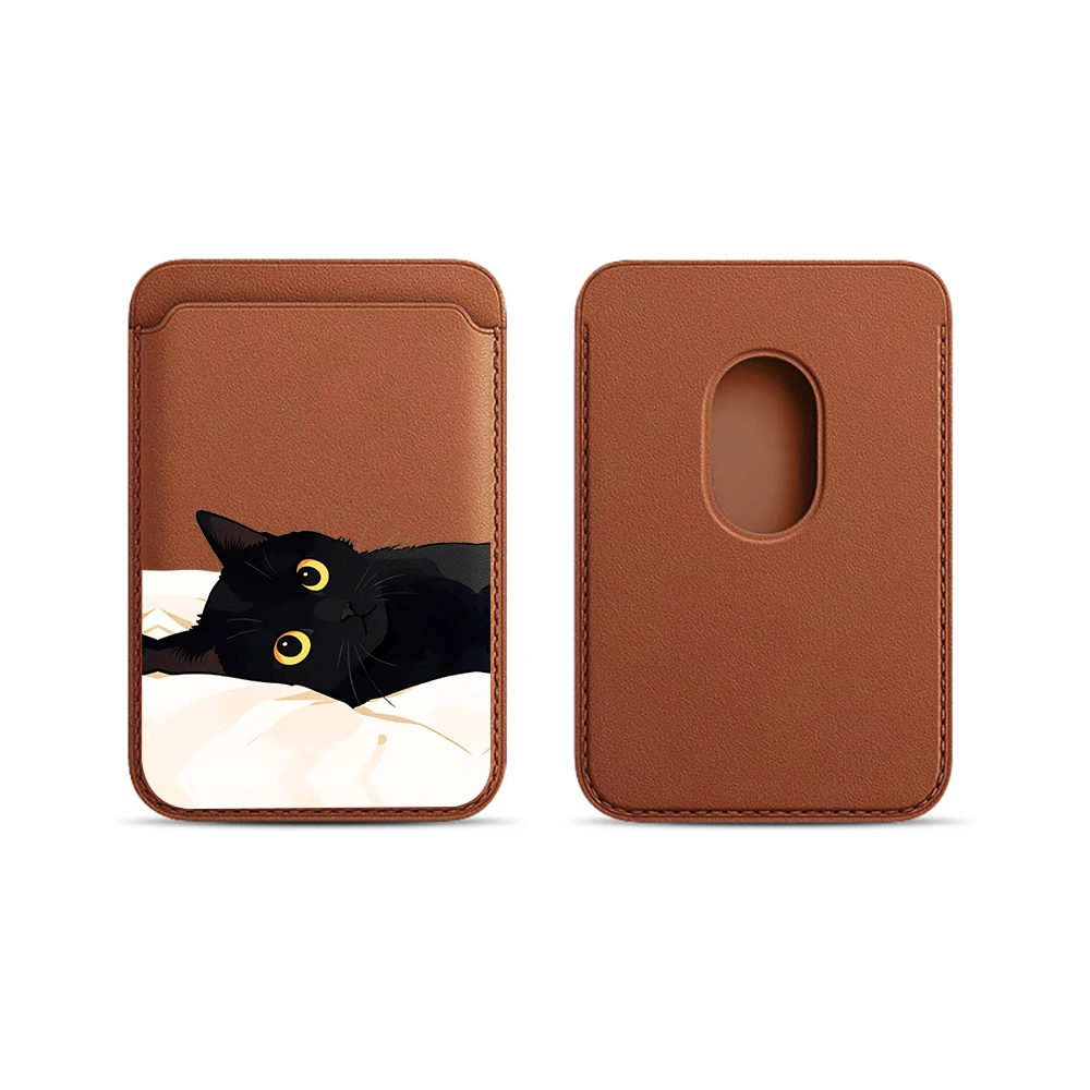 Schwarze Katzen-Leder-Kartenhülle für das Handy, geeignet für alle iPhone-Hüllen, Magsafe magnetische Kartenhalterung, einfache Handy-Rückentasche – Detail 19
