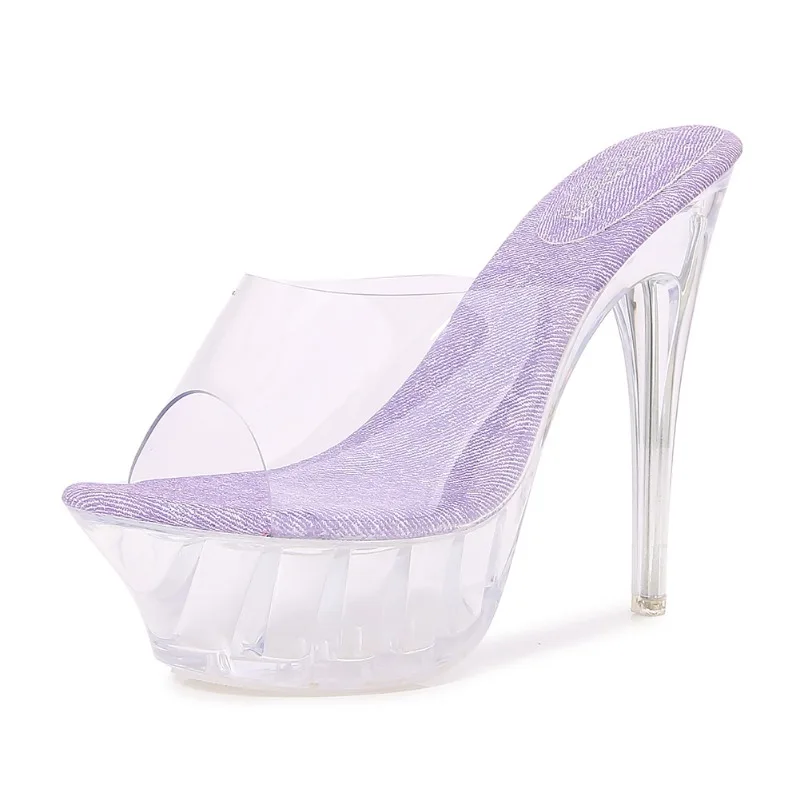 Luxo Deslizamento Na Sandália De Plataforma De PVC Para Mulheres, Saltos Finos De 14cm, Sapatos De Festa De Carreira De Escritório, Moda Feminina, Transparente, Senhora