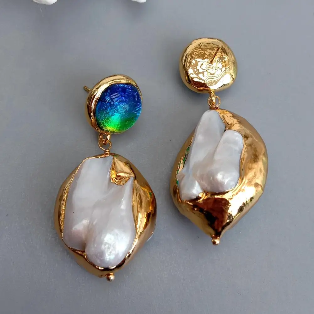

YYGEM 15mm Blue Murano Glass 24x32mm White Shell Gold Plated Stud Dangle Earrings For Party Jewelry