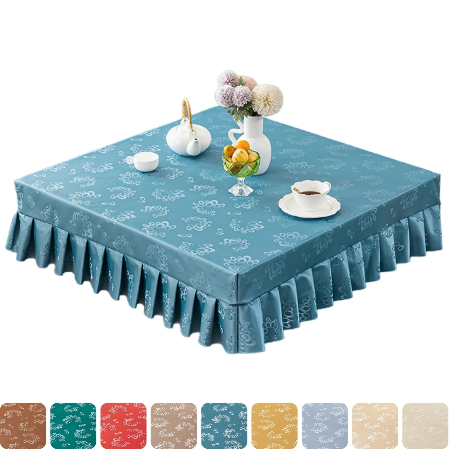 

Square Tablecloth Heavy Duty Vinyl Table Cover With Table Skirt Waterproof Oil-Proof Fitted Table Cloth