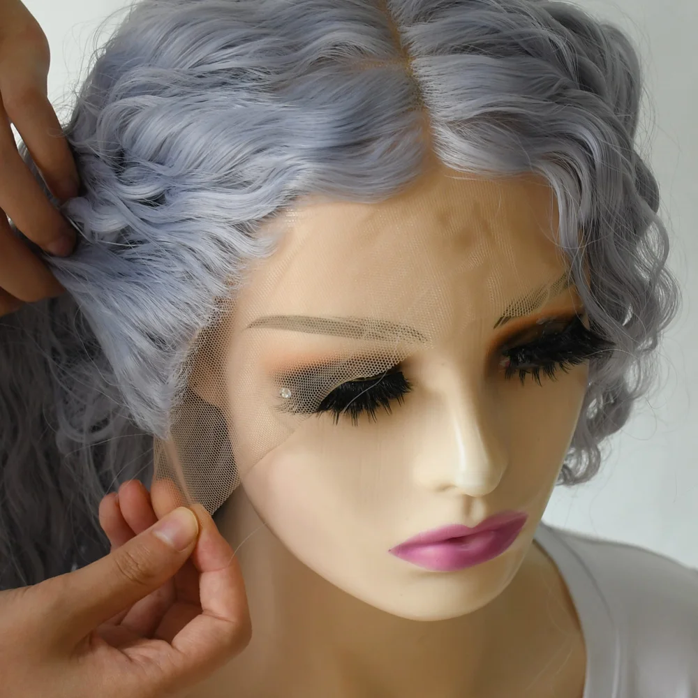 

Светло-голубой свободный глубокий волнистый кружевной фронтальный парик Кудрявые парики для женщин 13x4 HD Синтетический предварительно выщипанный волнистый фронтальный парик Косплей