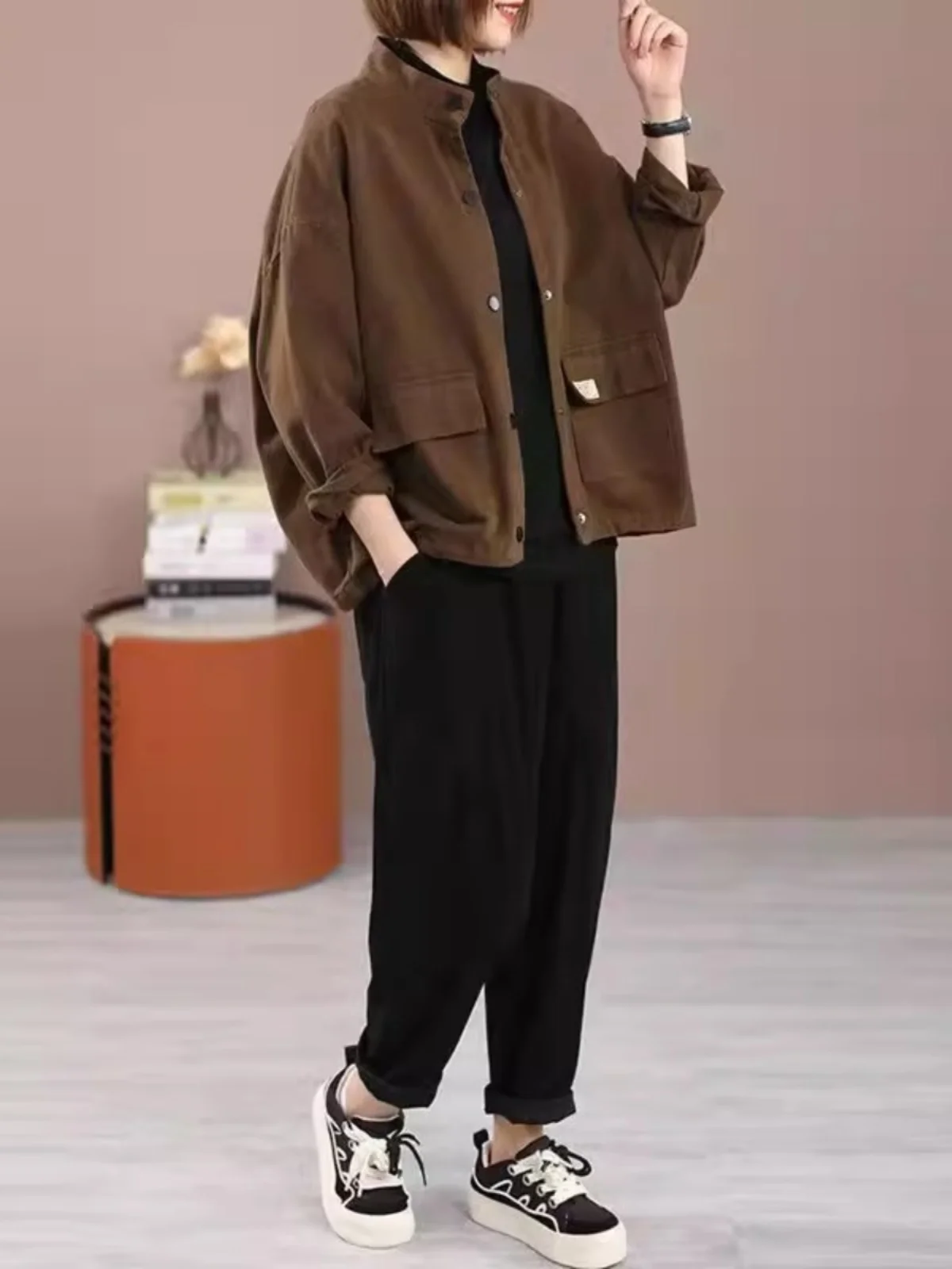 Wiosenno-jesienna, luźna kurtka damska z kapturem, długa, wyszczuplająca, modna, retro, w stylu koreańskim, odzież wierzchnia.