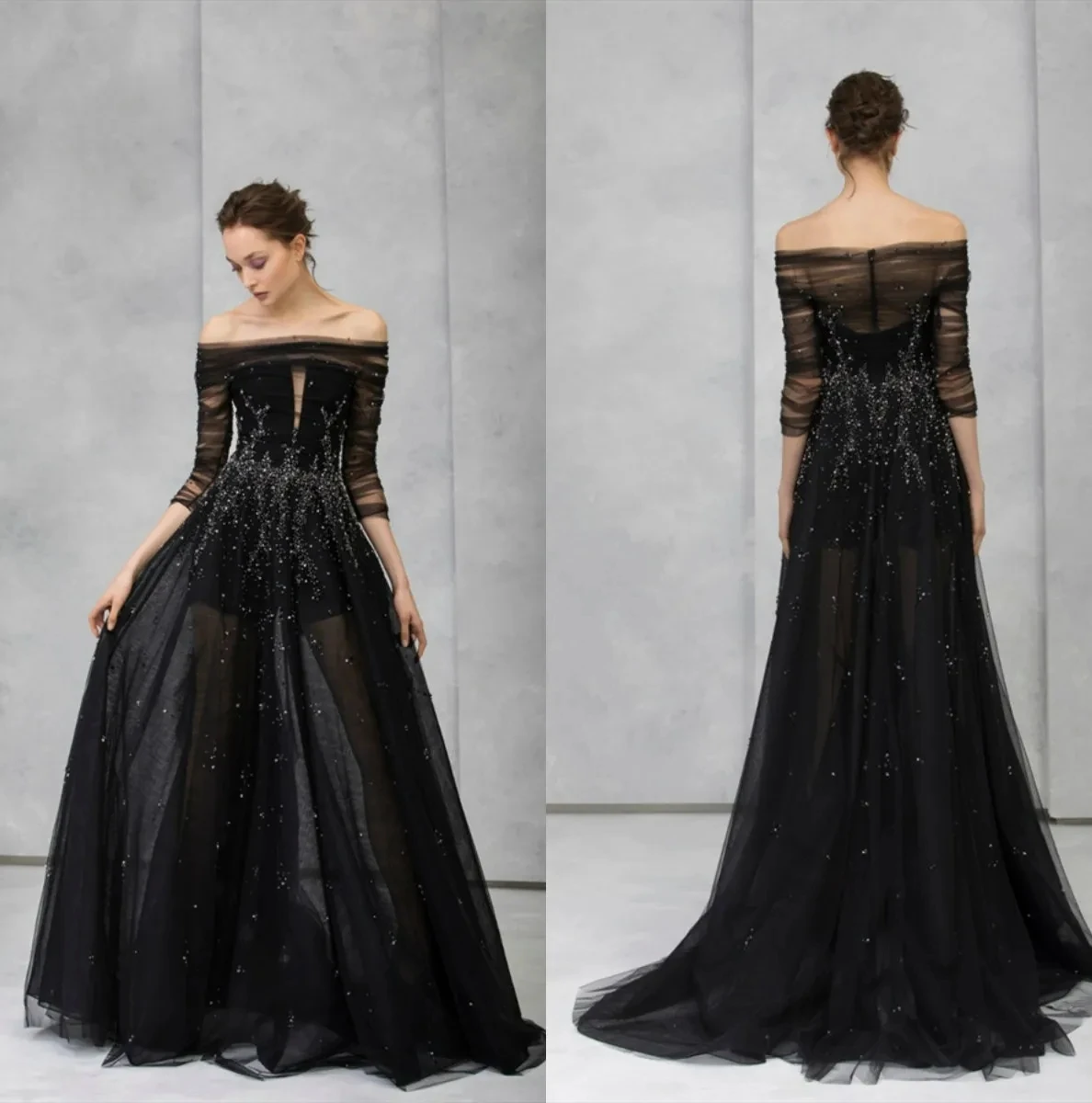 Stylish sexy one-shoulder black tulle Evening dress bateau Sequin applique Prom Dress Illusion tulle custom formal party dress