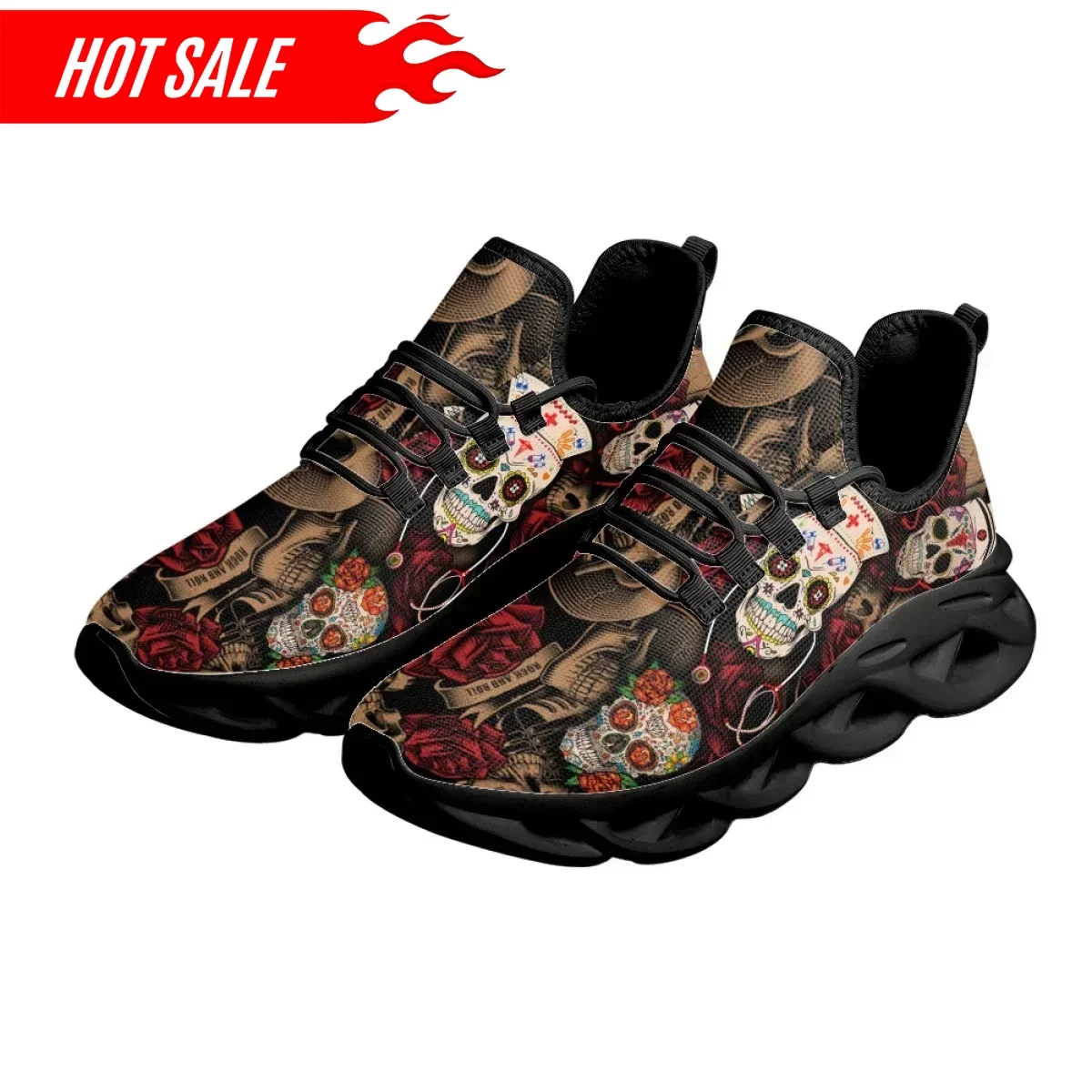 

Rose Sugar Skull Print Flat Shoes for Women Comfortable Breathable Soft Sneakers Gothic Style Lace up Casual Platform Zapatos