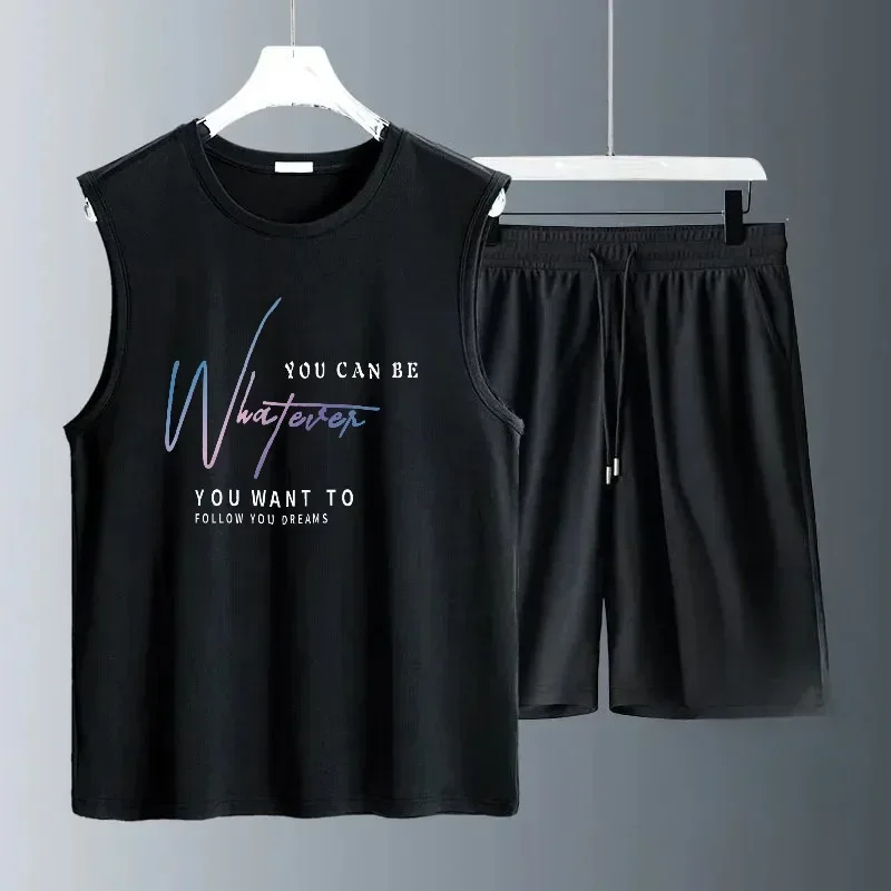 

2025 Summer Polyester Men's Sleeveless T-shirt Loose Large Size Trendy Solid Color Mens Clothing Beach Sports Gym Running Sets