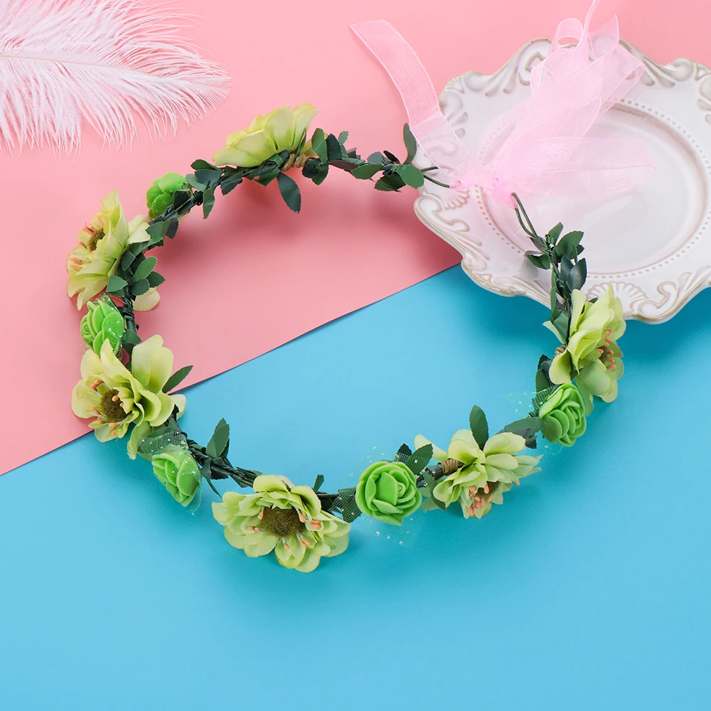 Fashion Bohemia Garland Flower Crown with Ribbon Women Bridal Rose Crown Sweet Girl Floral Wreath Wedding Party Beach Headband