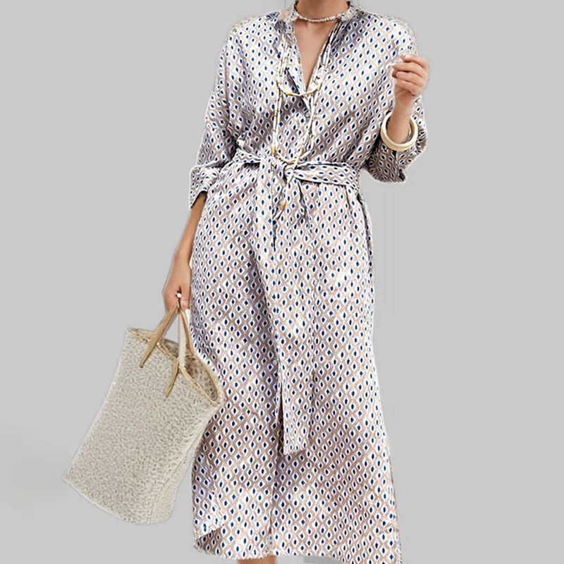 SKMY 2025 Spring Women Clothing Fashion New Striped Single-Breasted Cardigan Three-Quarter Sleeve Turn-Down Collar Shirt Dress