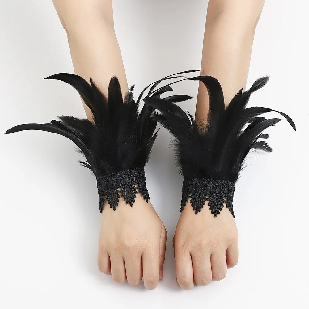 Vintage Black Lace Fluffy Feather Wrist Cuffs Lightweight Chic Halloween Arm Cuff Gloves Gothic Adjustable Wristband Carnival