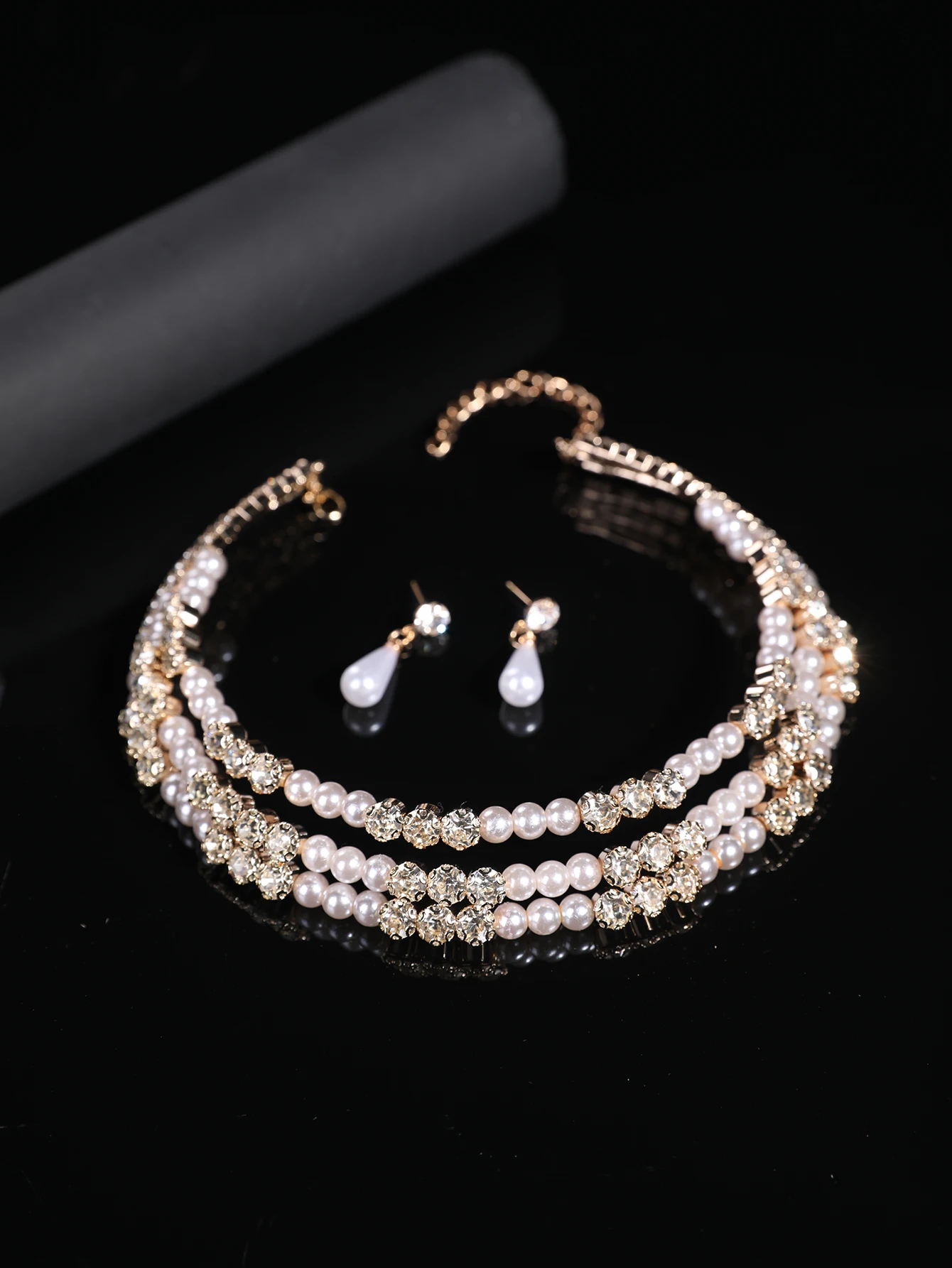 Multi-layer faux pearl and rhinestone necklace and earring set, vintage heavy-duty bridal necklace, wedding dress and party dress accessory for women