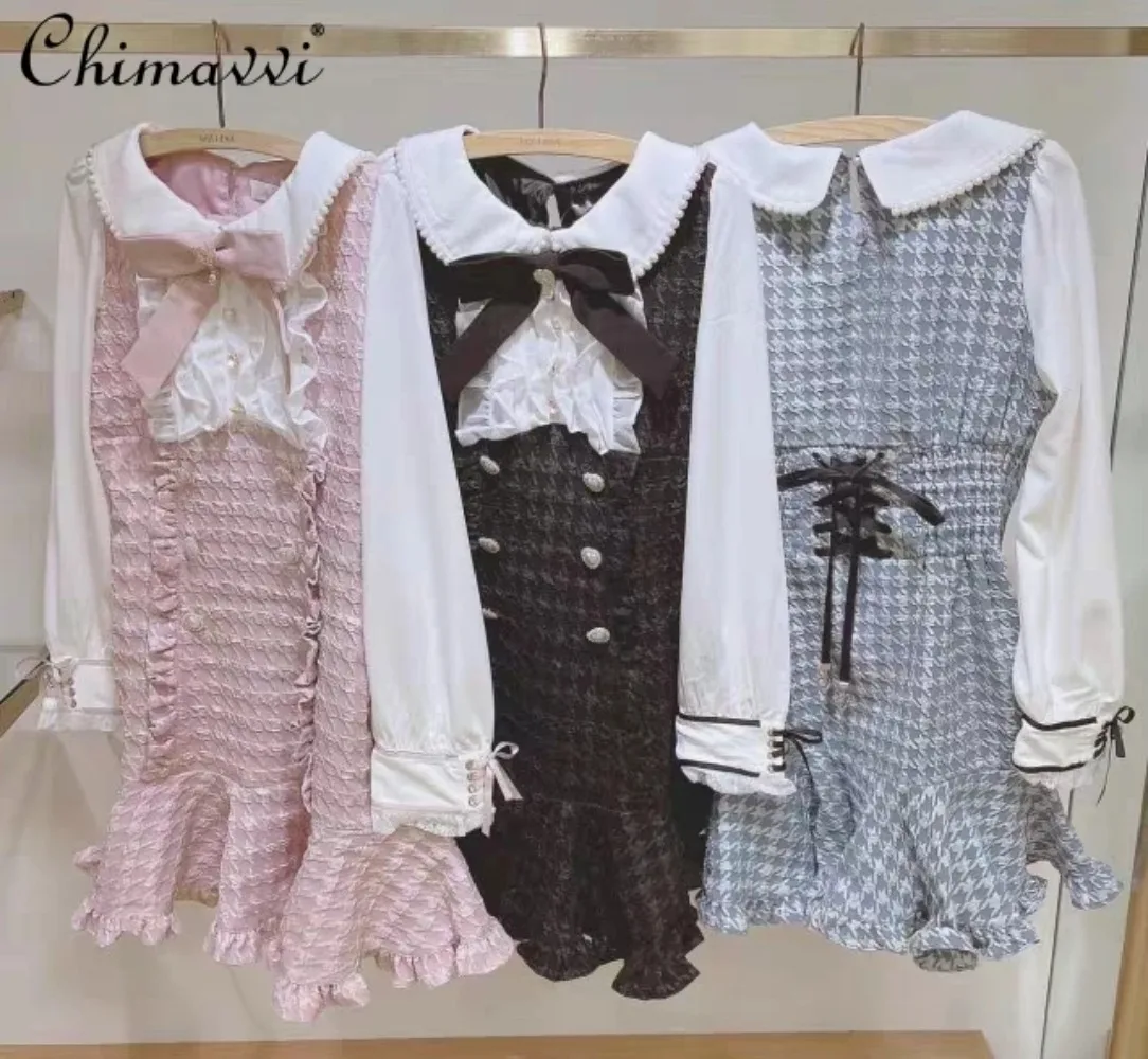 Japanese Liz Mine Mass-Produced Sweet Girl Plaid Dress New 2024 Autumn Lolita Long-Sleeved Women's Slim-Fit Short Kawaii Dress