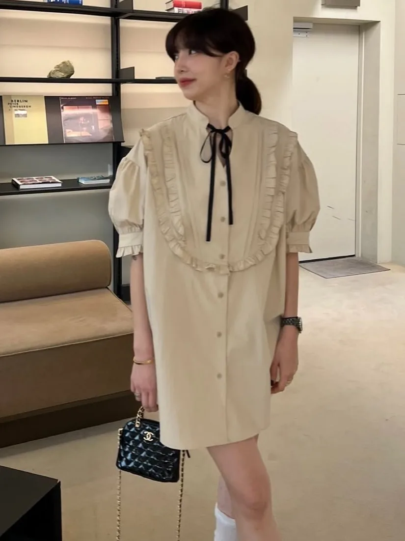

White irt Women's Summer 2025 New Small Design Faionable Bla Musoom Lace Tie Single Button up Top Quali Ladies' Kni...