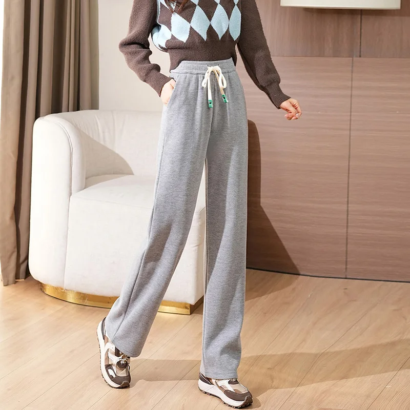 ผู้หญิงฤดูใบไม้ร่วงฤดูหนาว Plush ผ้าเช็ดตัวกางเกง Mopping เอวสูงหลวมผ้าม่านกางเกงผู้หญิงกางเกง Drawstring
