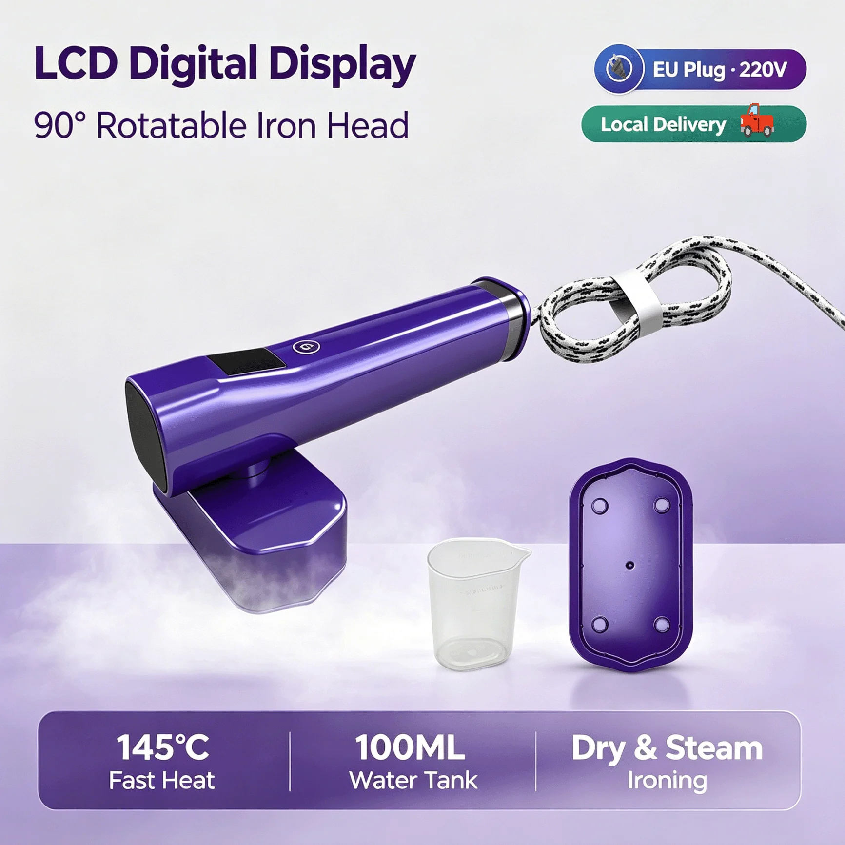Mini Défroisseur Vapeur Portable de Voyage avec Prise EU, Fer à Vapeur Portable pour Vêtements avec Écran LCD, 145 ° Chauffage rapide en 8 minutes, vapeur continue, 90 °   Appareil anti-rides à tête rotative et base anti-brûlure pour les voyages d'affaires, la maison et le dortoir