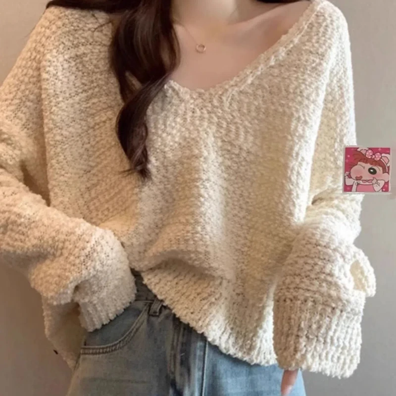 

Korean Style Lazy Style Loose and Slim Pullover Knitted Top Fashionable Casual Versatile Women V-neck Long-sleeved Sweater