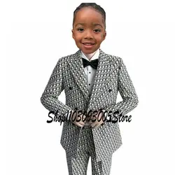 Traje de lujo para niños, esmoquin para boda, doble botonadura, chaqueta para niños, pantalones, conjunto Formal de 2 piezas, Blazer de fiesta para niños