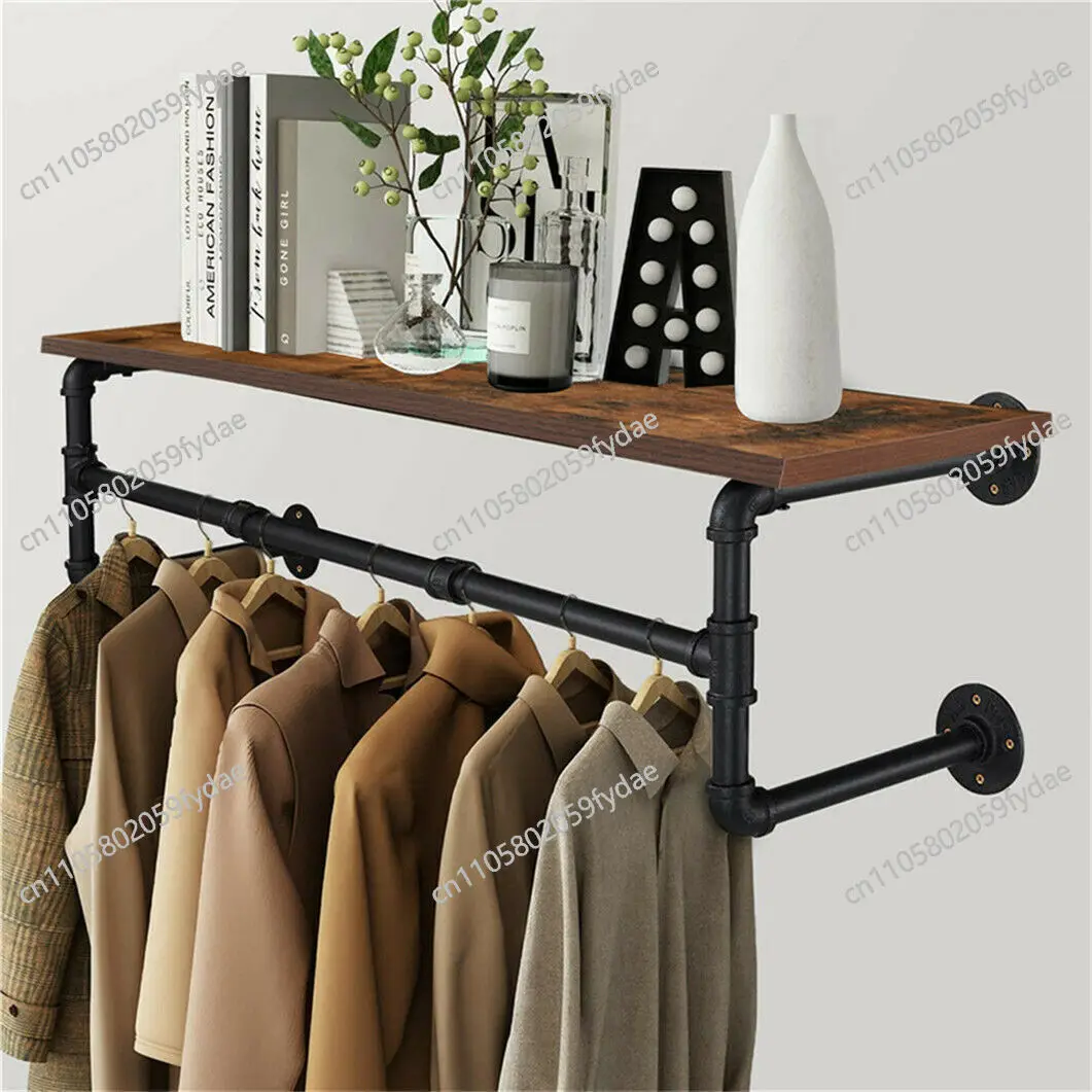

Industrial Pipe Clothing Rack Wall Mounted Wood Shelf Pipe Shelving Floating Shelves Retail Garment Rack Display Racks