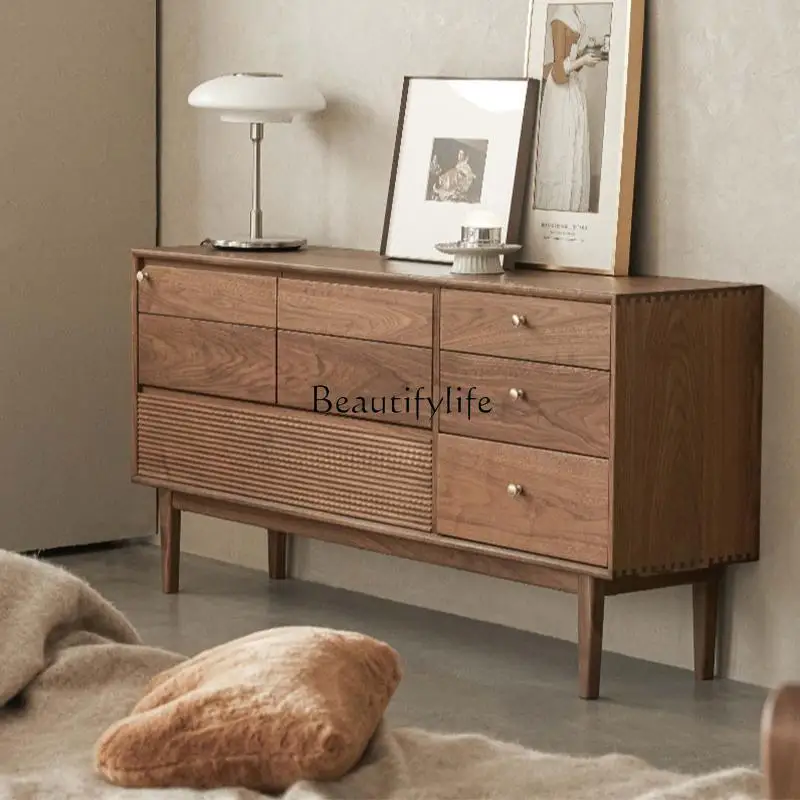 North American black walnut eight-bucket cabinet Nordic solid wood storage cabinet against the wall