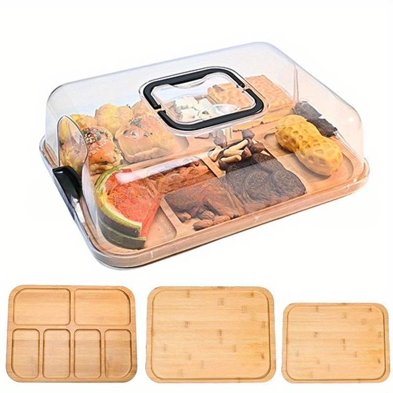 

Fruit Snack Tray - Wooden Tray with Clear Lid, Portable Serving Dish Ideal for Cheese, Fruit, Snacks, Parties, and Picnics
