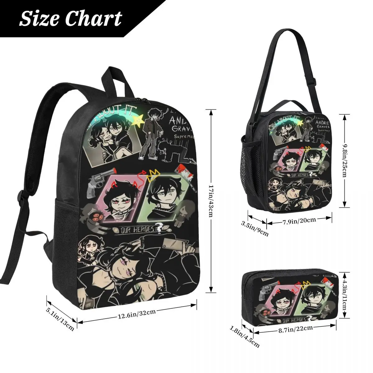 3Pcs The Coffin Of Andy And Leyley Backpack Set for Boy Girl Pen Bags Bookbag Sets with Lunch Box For School Students Daypack