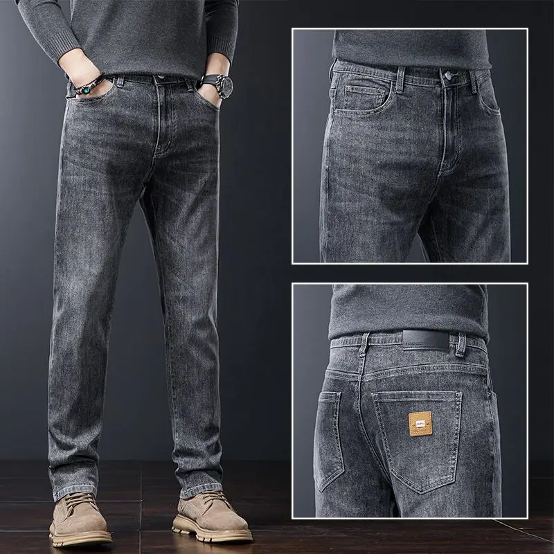 الفاخرة الخريف الشتاء سميكة لينة الجينز الرجال مرونة الخصر فضفاض مستقيم التنفس سراويل جينز الذكور موضة تنوعا بنطلون
