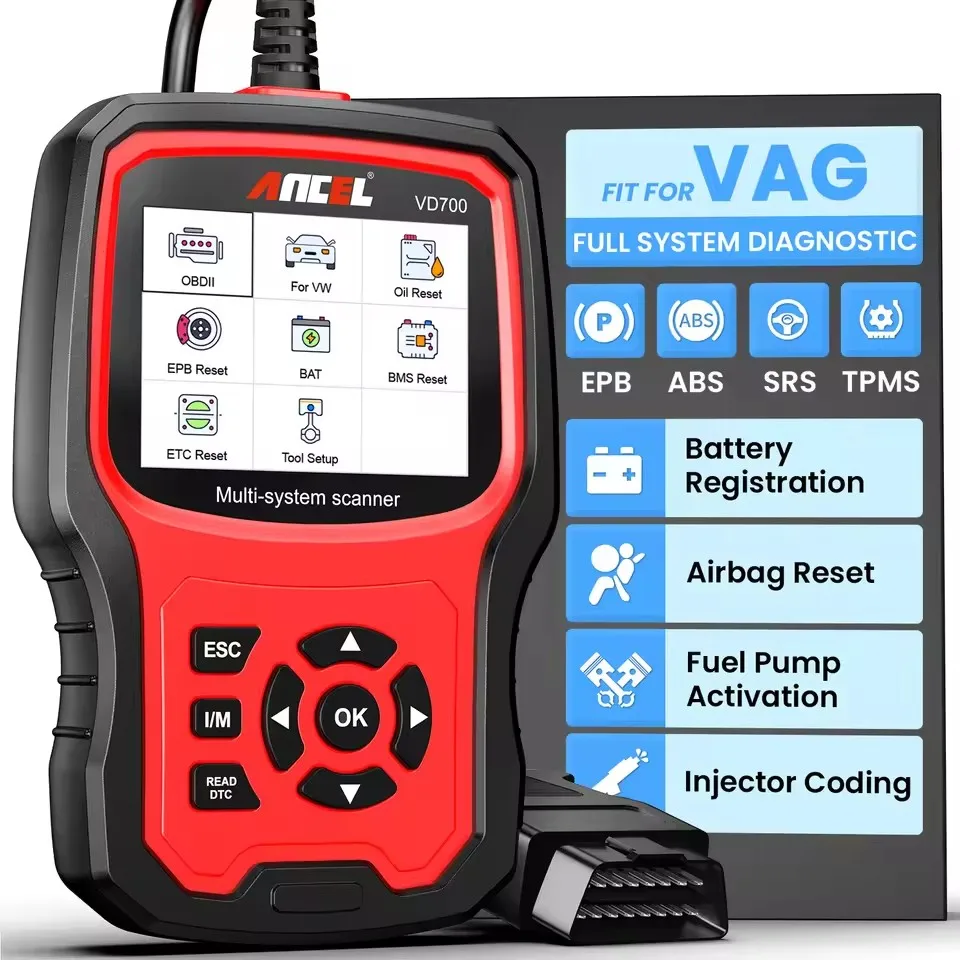 

ANCEL VD700 OBD2 Автоматический сканер Масляная батарея TPMS DPF EPB Airbag 10, сброс всех систем OBD 2, автомобильный диагностический инструмент для VW Audi VAG