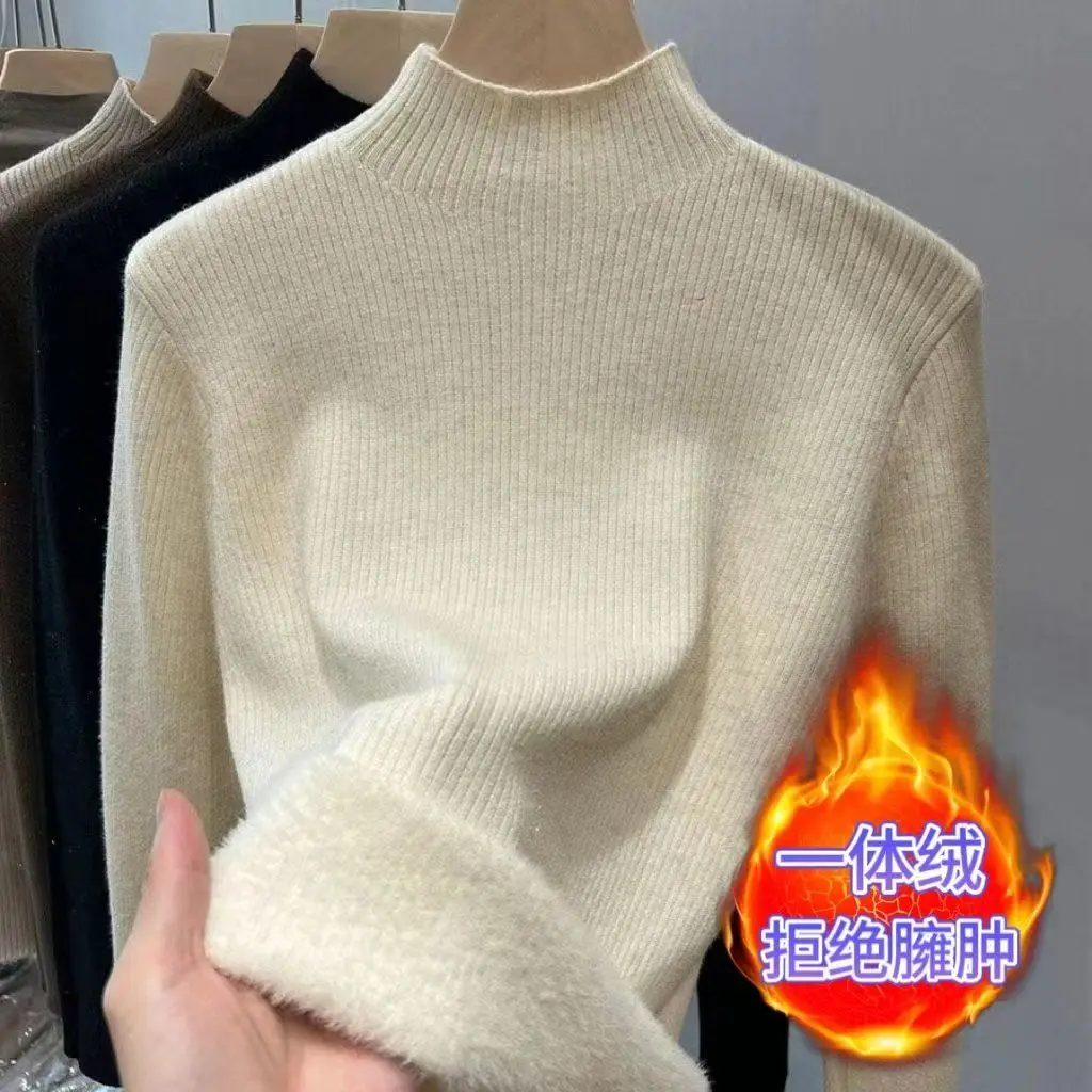 Sweater For Women Winter Thicken Turtleneck Slim Knit Pullover New Warm Plush Velvet Lined Knitwear  Tops Casual Poleras