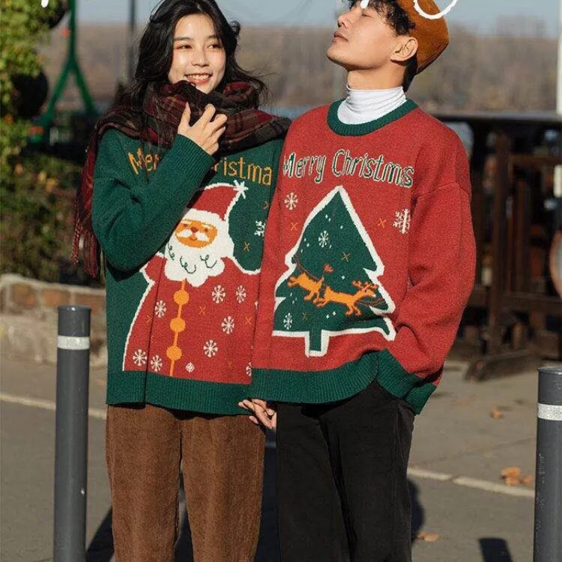 New BFF Retro Couple Christmas Sweater Women Bosom Friend Contrast Christmas Tree Thickened Antique Pullover Top sueter navidad