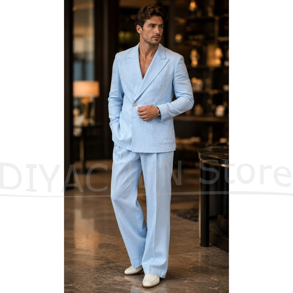 Men Formal Wear Summer - Mode Heren Linnen Tweedelig Pak Double