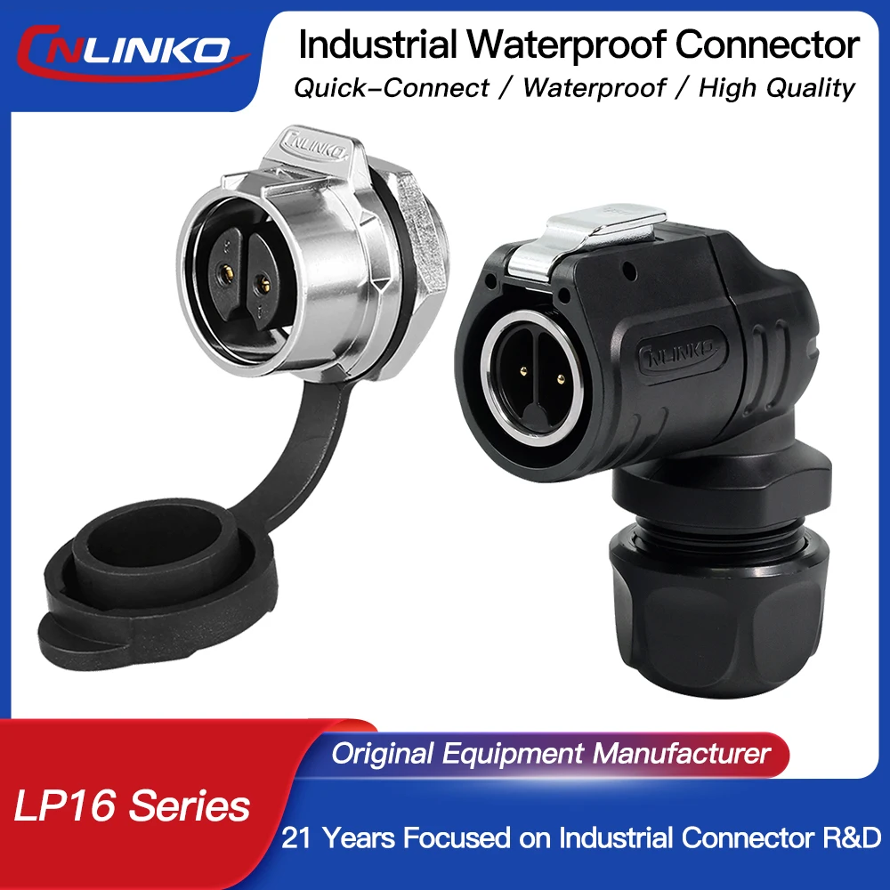 Connecteur mâle CNLINKO LP16 IP68 étanche à 90 degrés, prise à montage sur panneau pour applications automobiles, solaires et câblage extérieur