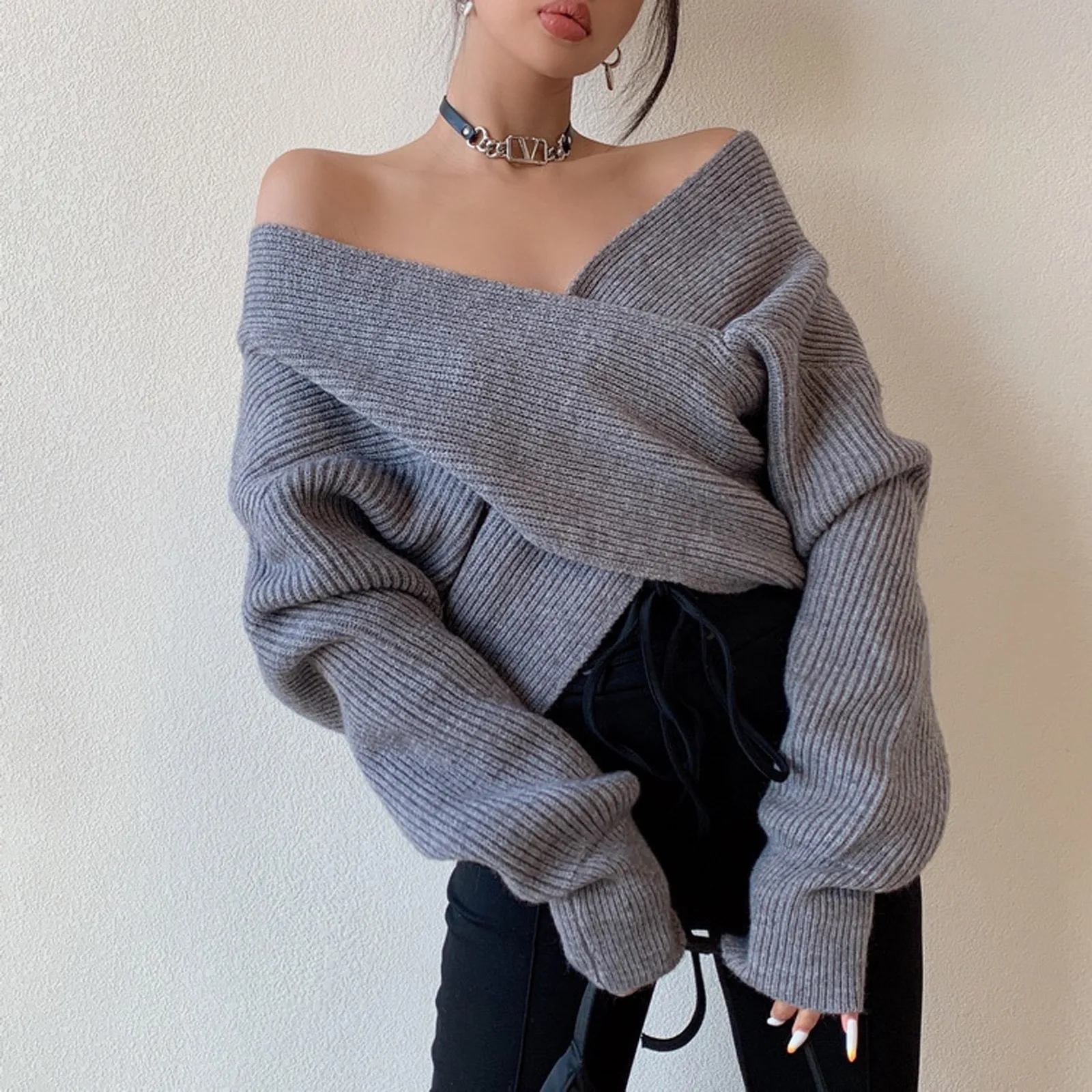 Winter New Cross Knitted Sweater Long Sleeve Sweater Fluffy Korean Design Elegant Off Shoulder Knit Thickened Pullover Sweater