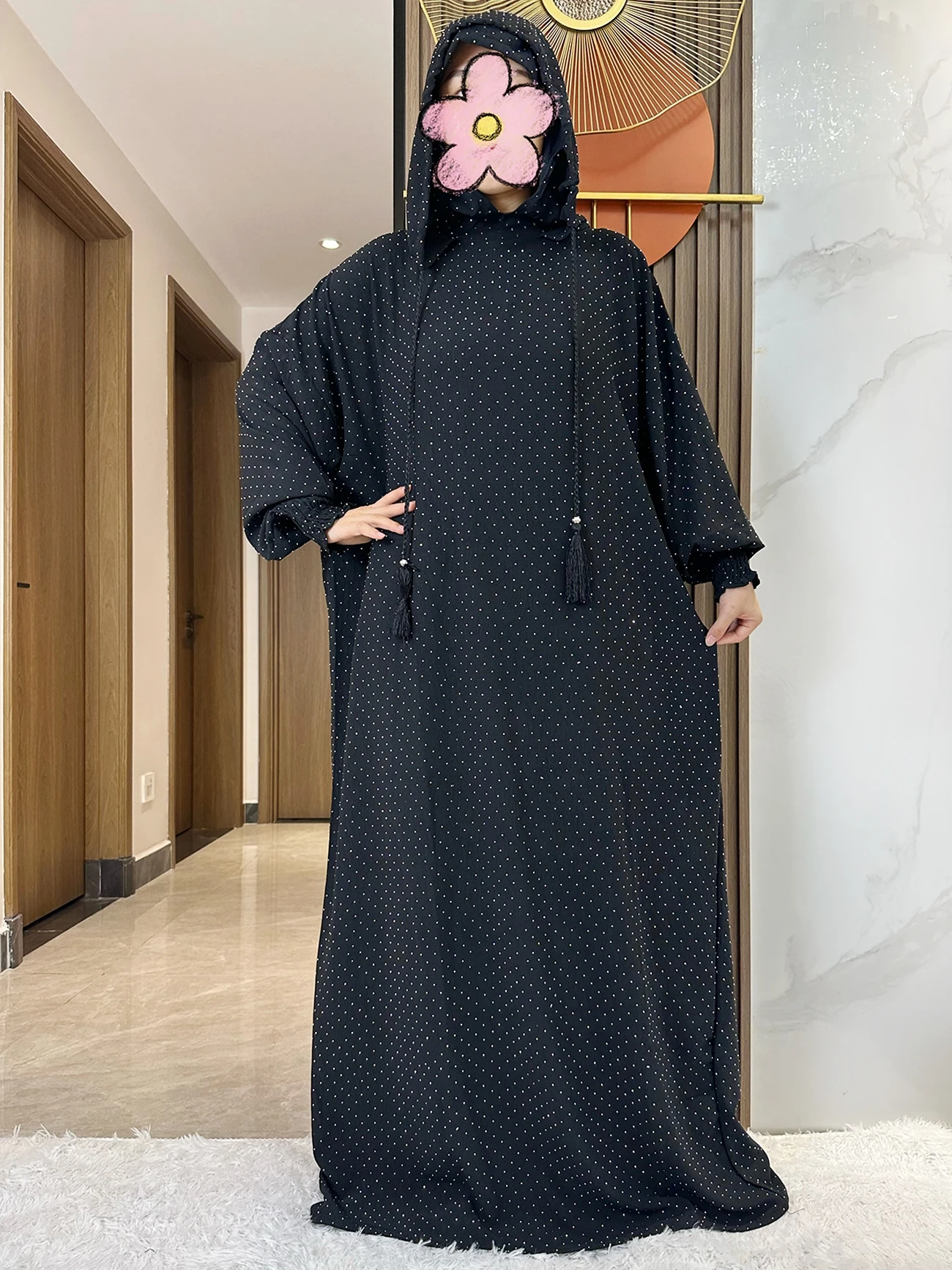 New Cotton Ramadan Muslim Two Hats Abaya Dubai Turkey Islam Prayer Clothes with Shinning Stones Dress Islam Women Dress Kaftan