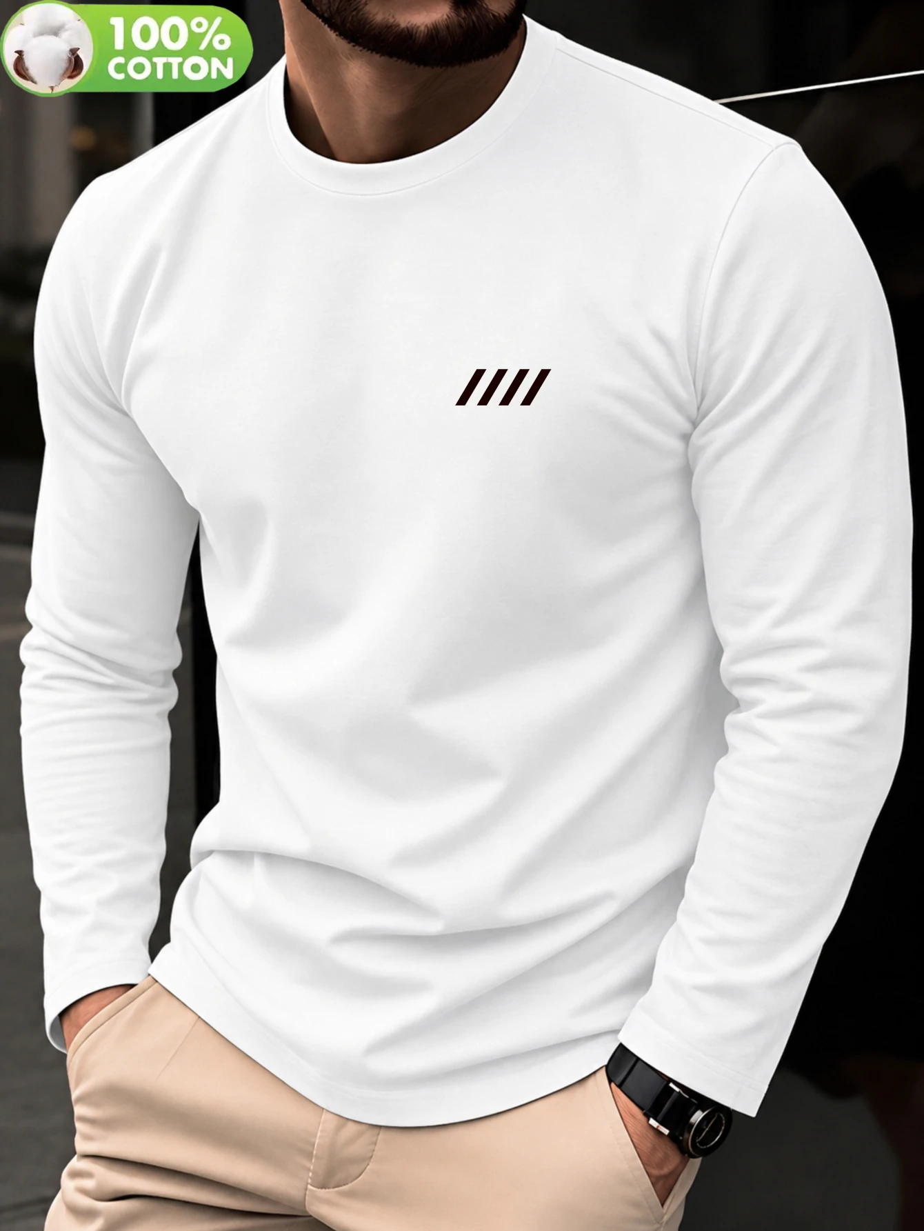 Men 100% Cotton Long Sleeve T Shirt Crew Neck Casual Comfort Versatile Basic Top Outdoor Leisure Spring Autumn Clothes