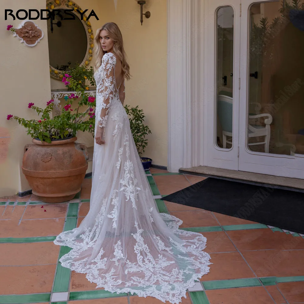 RODRSYA Squisite Mermaid Pizzo Abito da Sposa Per Sposa Backless Applique Robe RODDRSYA squisito abito da sposa in pizzo a sirena per la sposa Backless Applique Robe De Mariée scollo tondo maniche lunghe abiti da sposa