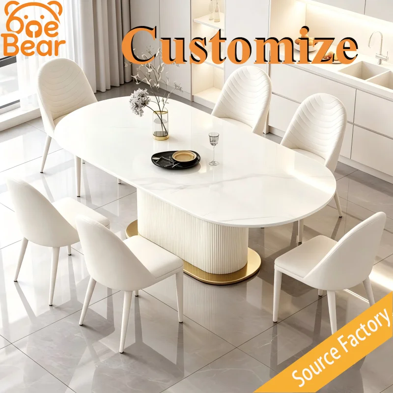 Modern Minimalist Oval Sintered Stone Dining Table Set, Luxury Gold Ring Base, Dining Furniture for Family Kitchen Dining Room