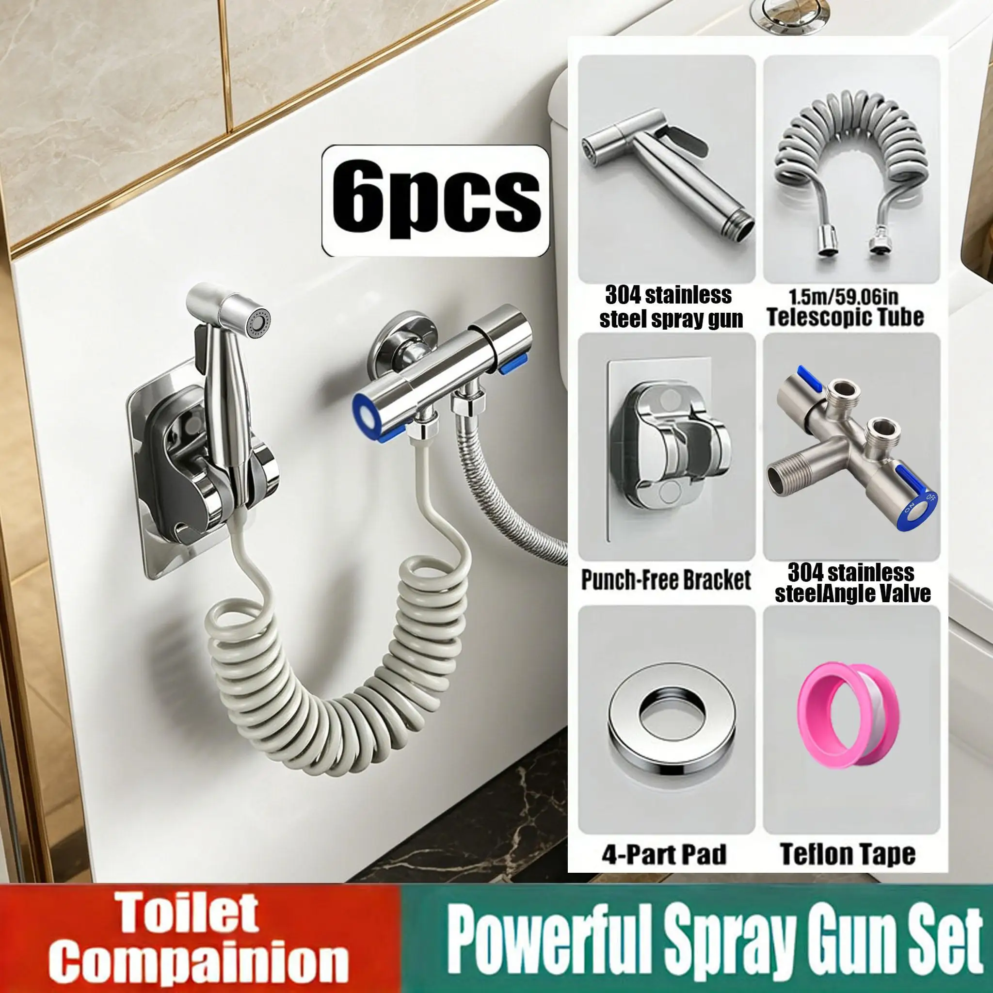 6PCS Wall Mount Bidet Sprayer Set Solid Toilet Hand Shattaf Spray Gun System Bathroom Sprayer Kit for Personal Cleaning
